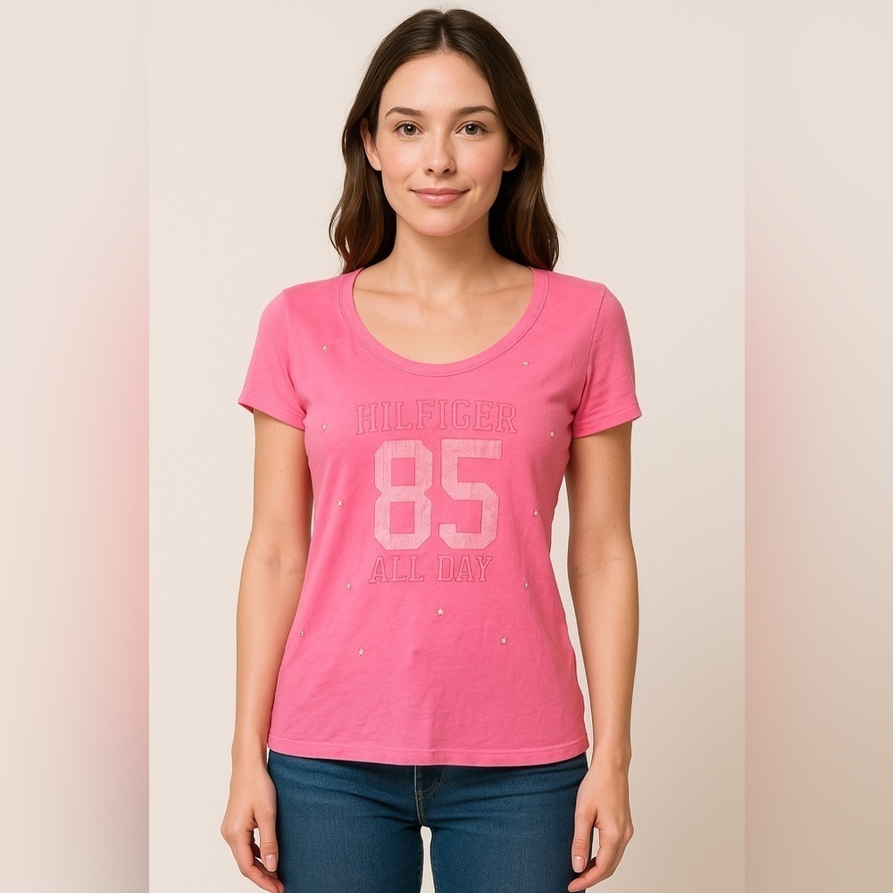 Tommy Hilfiger Women’s Pink Graphic Tee Crewneck Semi Sheer Pullover Classic Y2k